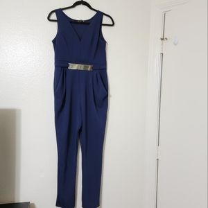 IRIS Blue Formal Dressy Jumpsuit Sleeveless w Gold Mock Size L